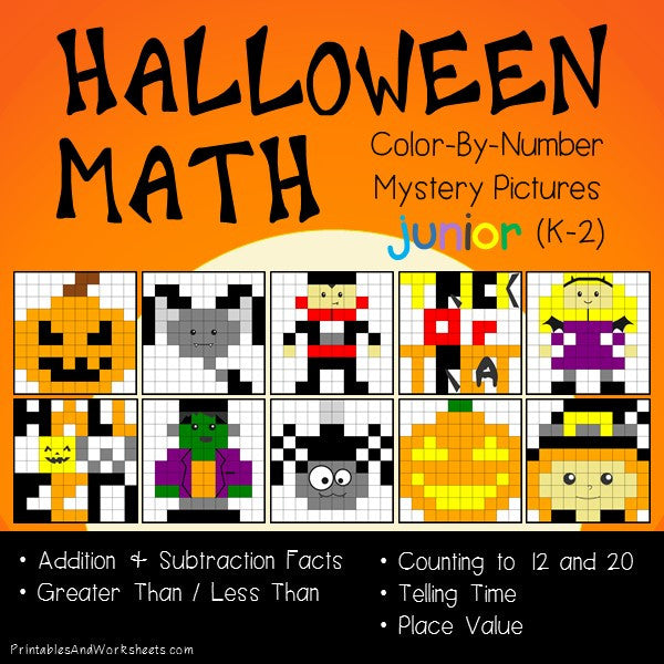 Halloween Color by Number Worksheets, Addition & subtraction